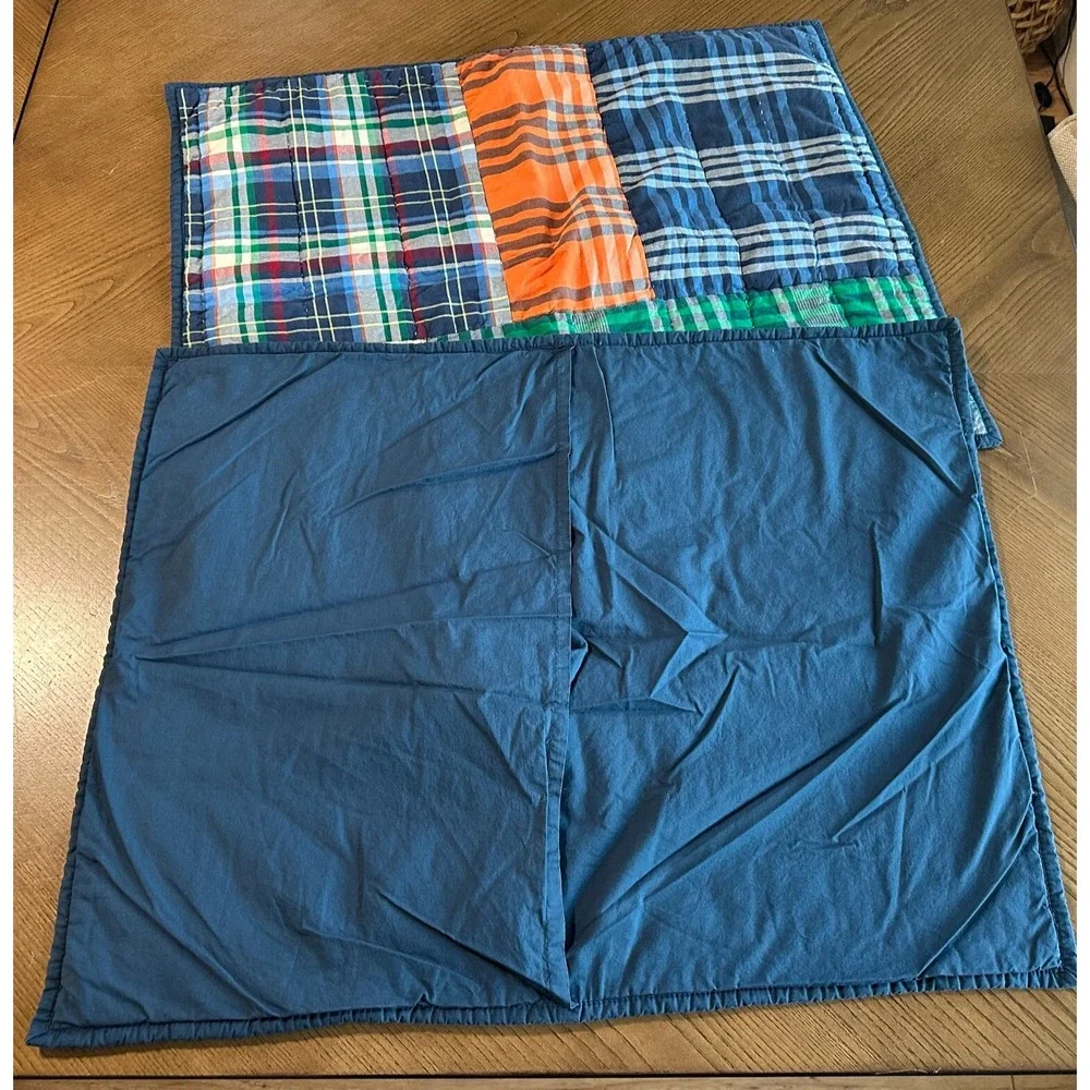 2 Pottery Barn Teen Kids Plaid Sham Quilted Bed Pillow Covers‎ Blue Green Orange